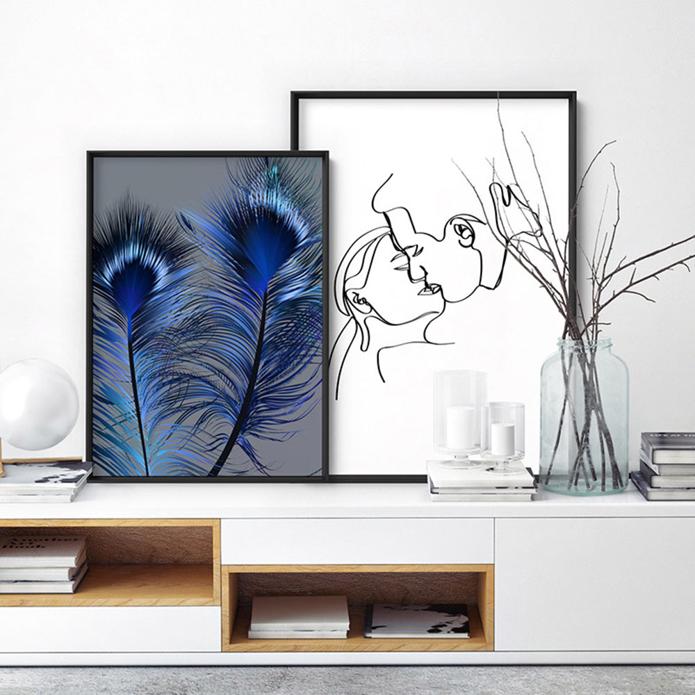 Peacock Feathers Blue Edit - Art Print, Poster, Stretched Canvas or Framed Wall Art, shown framed in a home interior space