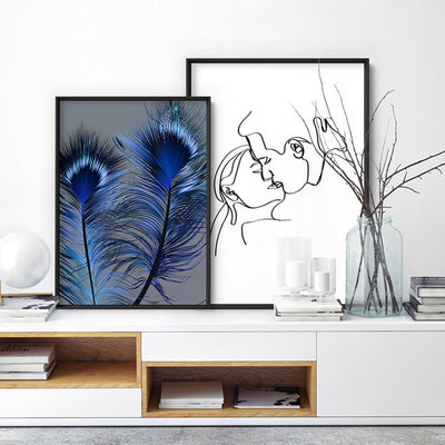 Peacock Feathers Blue Edit - Art Print, Poster, Stretched Canvas or Framed Wall Art, shown framed in a home interior space