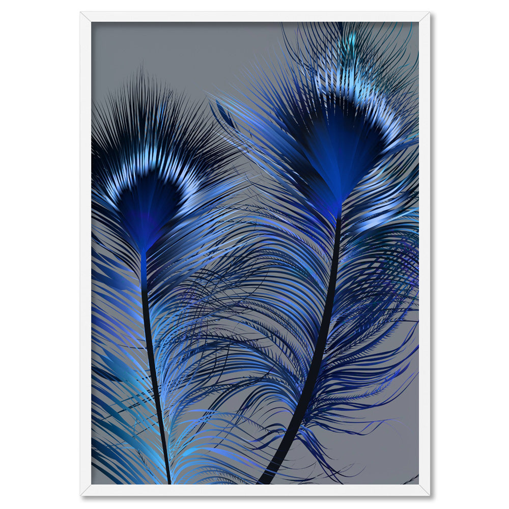 Peacock Feathers Blue Edit - Art Print, Poster, Stretched Canvas, or Framed Wall Art Print, shown in a white frame