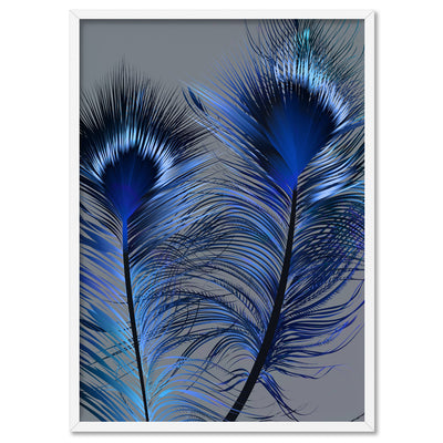 Peacock Feathers Blue Edit - Art Print, Poster, Stretched Canvas, or Framed Wall Art Print, shown in a white frame