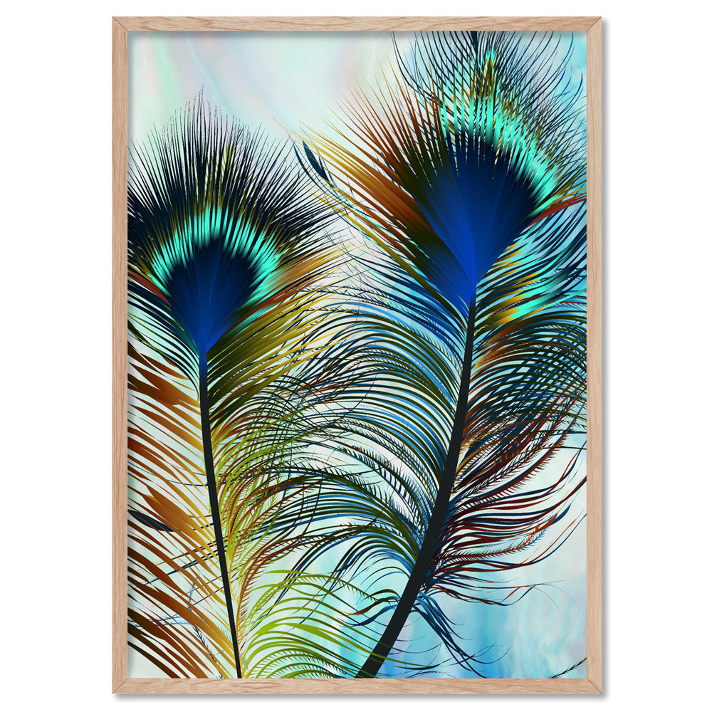 Peacock Feathers - Art Print, Poster, Stretched Canvas, or Framed Wall Art Print, shown in a natural timber frame