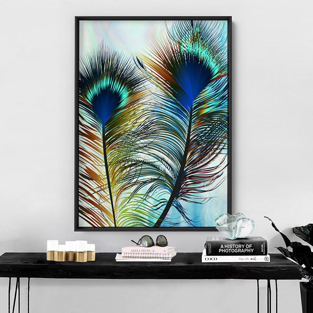 Peacock Feathers - Art Print, Poster, Stretched Canvas or Framed Wall Art Prints, shown framed in a room