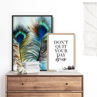 Peacock Feathers - Art Print, Poster, Stretched Canvas or Framed Wall Art, shown framed in a home interior space