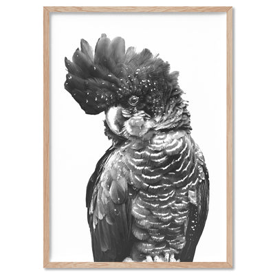 Black Cockatoo (black & white) - Art Print, Poster, Stretched Canvas, or Framed Wall Art Print, shown in a natural timber frame