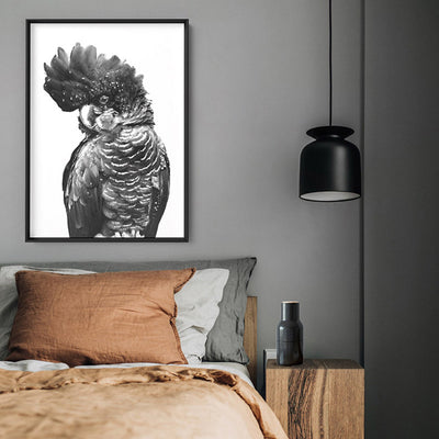 Black Cockatoo (black & white) - Art Print, Poster, Stretched Canvas or Framed Wall Art, shown framed in a home interior space