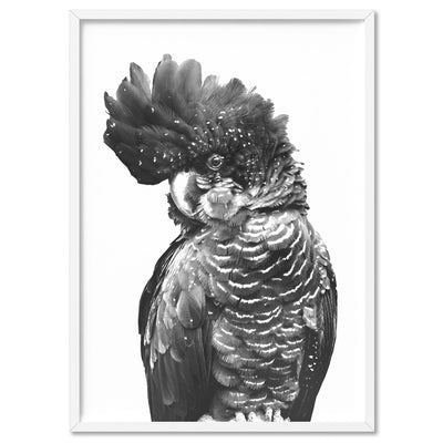 Black Cockatoo (black & white) - Art Print, Poster, Stretched Canvas, or Framed Wall Art Print, shown in a white frame