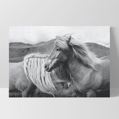 Horses Embrace in B&W - Art Print, Poster, Stretched Canvas, or Framed Wall Art Print, shown as a stretched canvas or poster without a frame