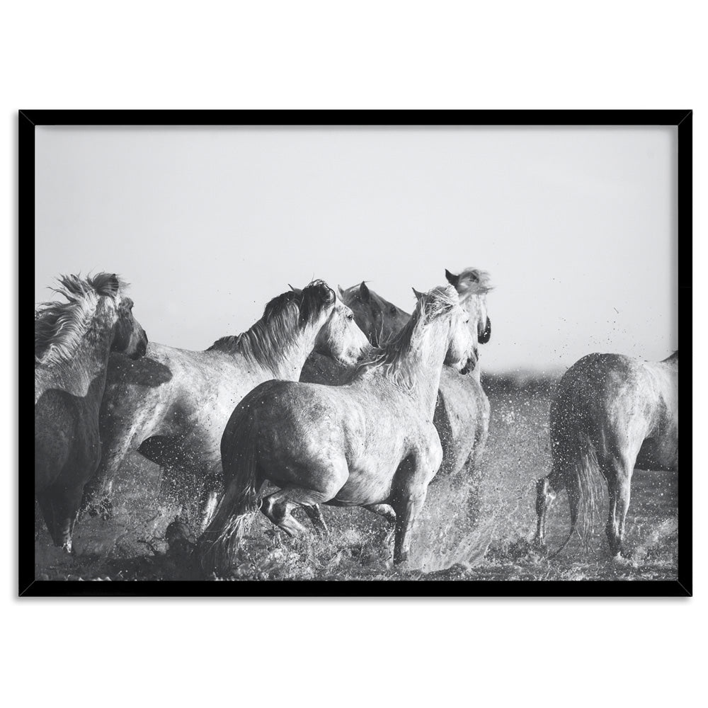 Horses in the Sea in B&W - Art Print, Poster, Stretched Canvas, or Framed Wall Art Print, shown in a black frame