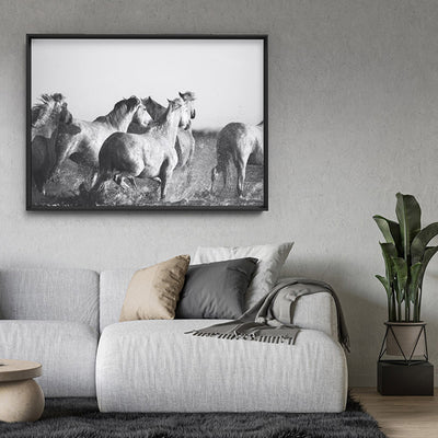Horses in the Sea in B&W - Art Print, Poster, Stretched Canvas or Framed Wall Art, shown framed in a home interior space