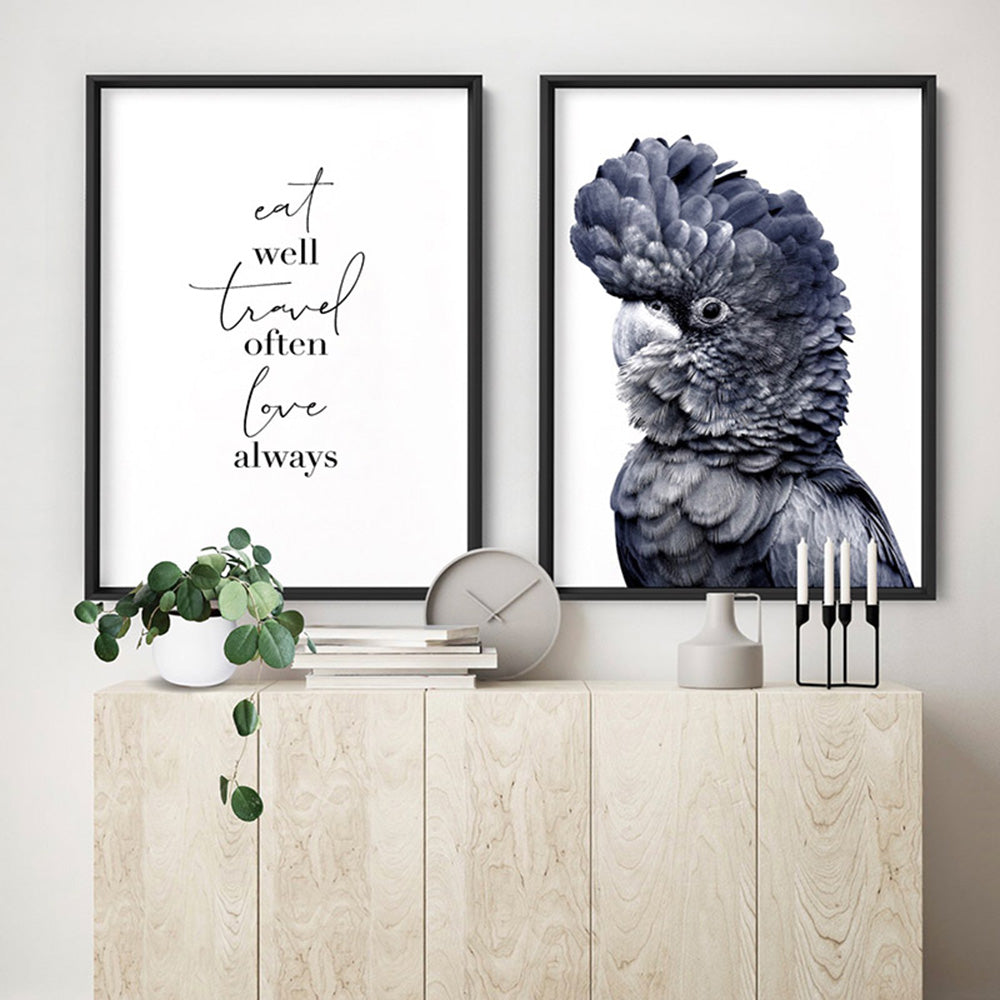 Black Cockatoo (Indigo & black) - Art Print, Poster, Stretched Canvas or Framed Wall Art, shown framed in a home interior space