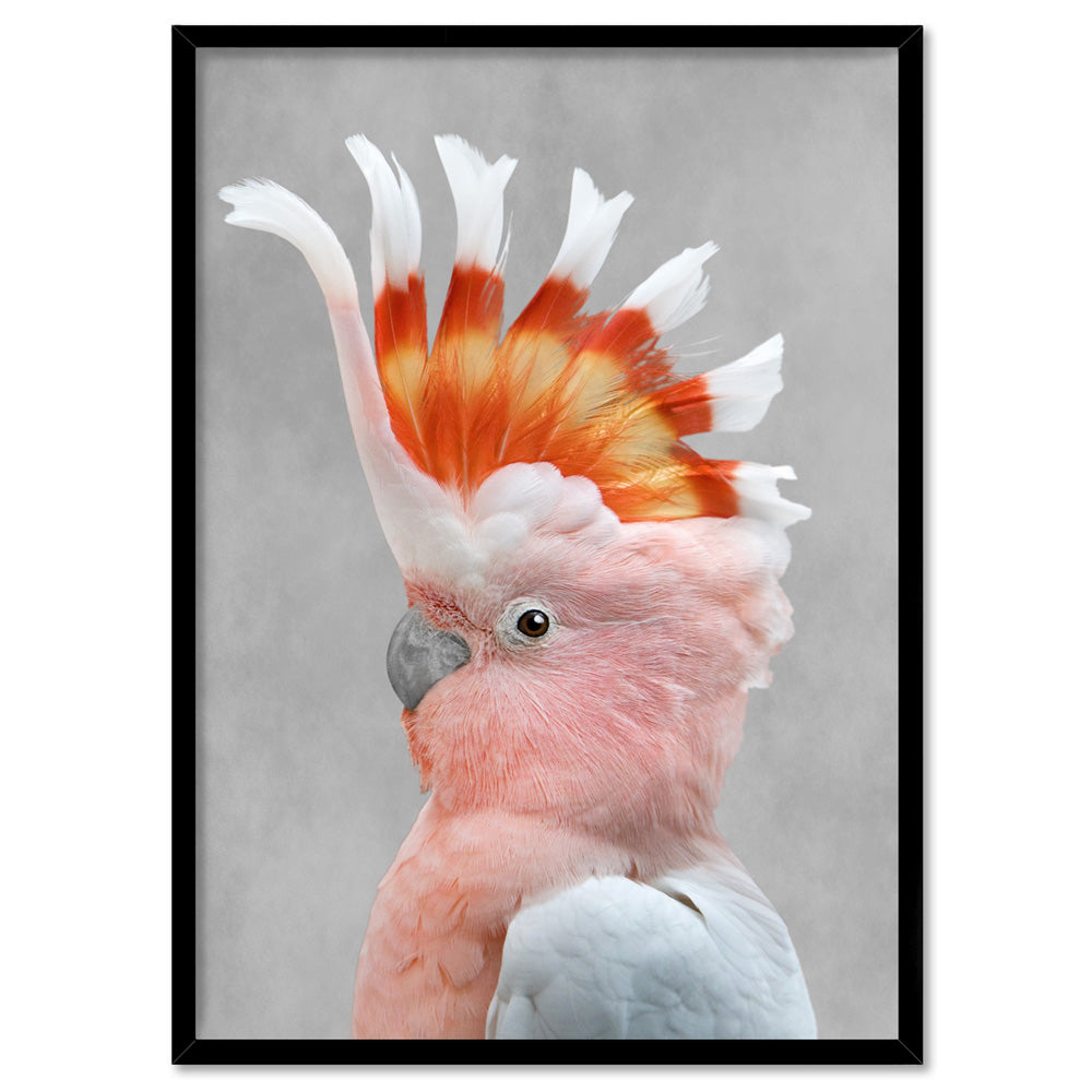 Pink Cockatoo - Art Print, Poster, Stretched Canvas, or Framed Wall Art Print, shown in a black frame