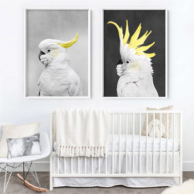 White Sulphur Crested Cockatoo II - Art Print, Poster, Stretched Canvas or Framed Wall Art, shown framed in a home interior space