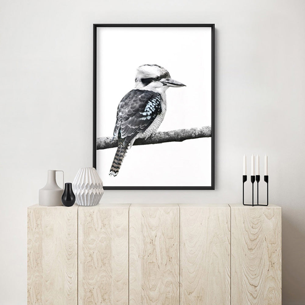 Kookaburra on Branch - Art Print, Poster, Stretched Canvas or Framed Wall Art Prints, shown framed in a room