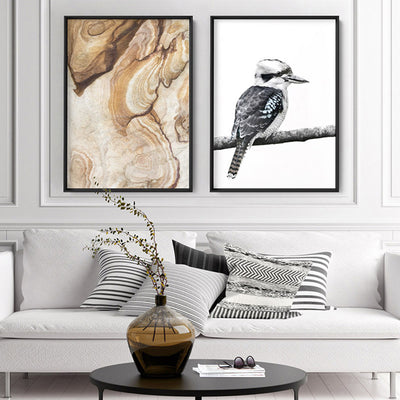 Kookaburra on Branch - Art Print, Poster, Stretched Canvas or Framed Wall Art, shown framed in a home interior space
