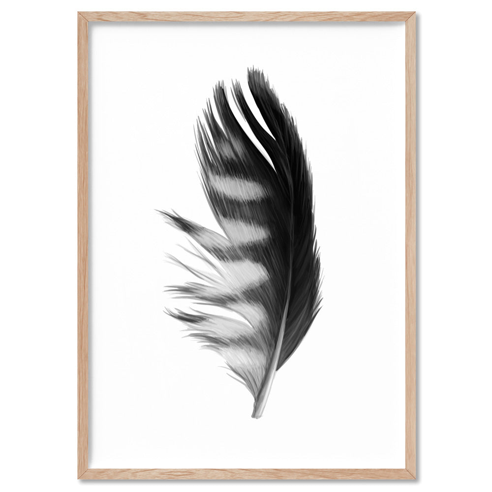 Feather Black & White III - Art Print, Poster, Stretched Canvas, or Framed Wall Art Print, shown in a natural timber frame