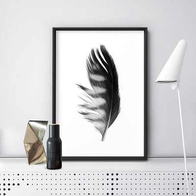 Feather Black & White III - Art Print, Poster, Stretched Canvas or Framed Wall Art Prints, shown framed in a room
