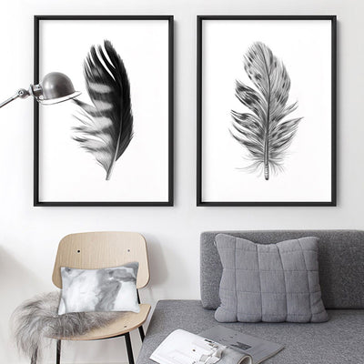 Feather Black & White III - Art Print, Poster, Stretched Canvas or Framed Wall Art, shown framed in a home interior space