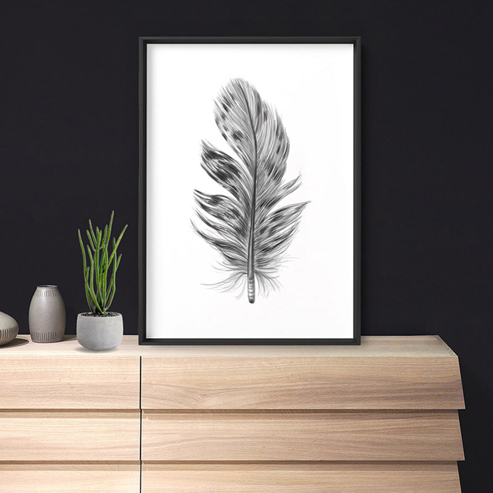 Feather Black & White IV- Art Print, Poster, Stretched Canvas or Framed Wall Art Prints, shown framed in a room
