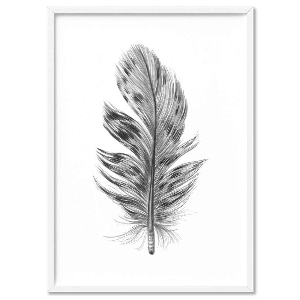 Feather Black & White IV- Art Print, Poster, Stretched Canvas, or Framed Wall Art Print, shown in a white frame