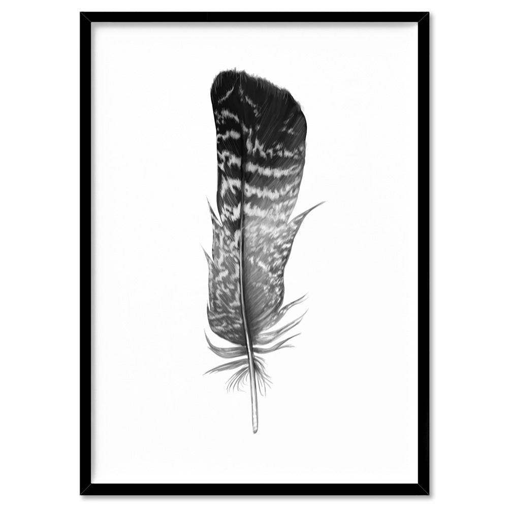 Feather Black & White V- Art Print, Poster, Stretched Canvas, or Framed Wall Art Print, shown in a black frame