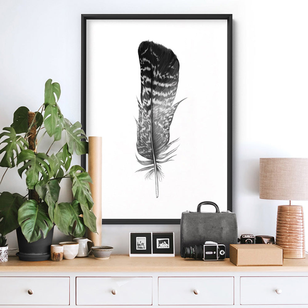 Feather Black & White V- Art Print, Poster, Stretched Canvas or Framed Wall Art Prints, shown framed in a room