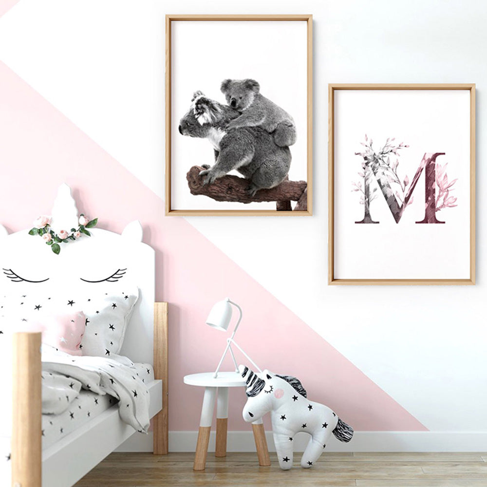 Koala Mother and Baby - Art Print, Poster, Stretched Canvas or Framed Wall Art, shown framed in a home interior space