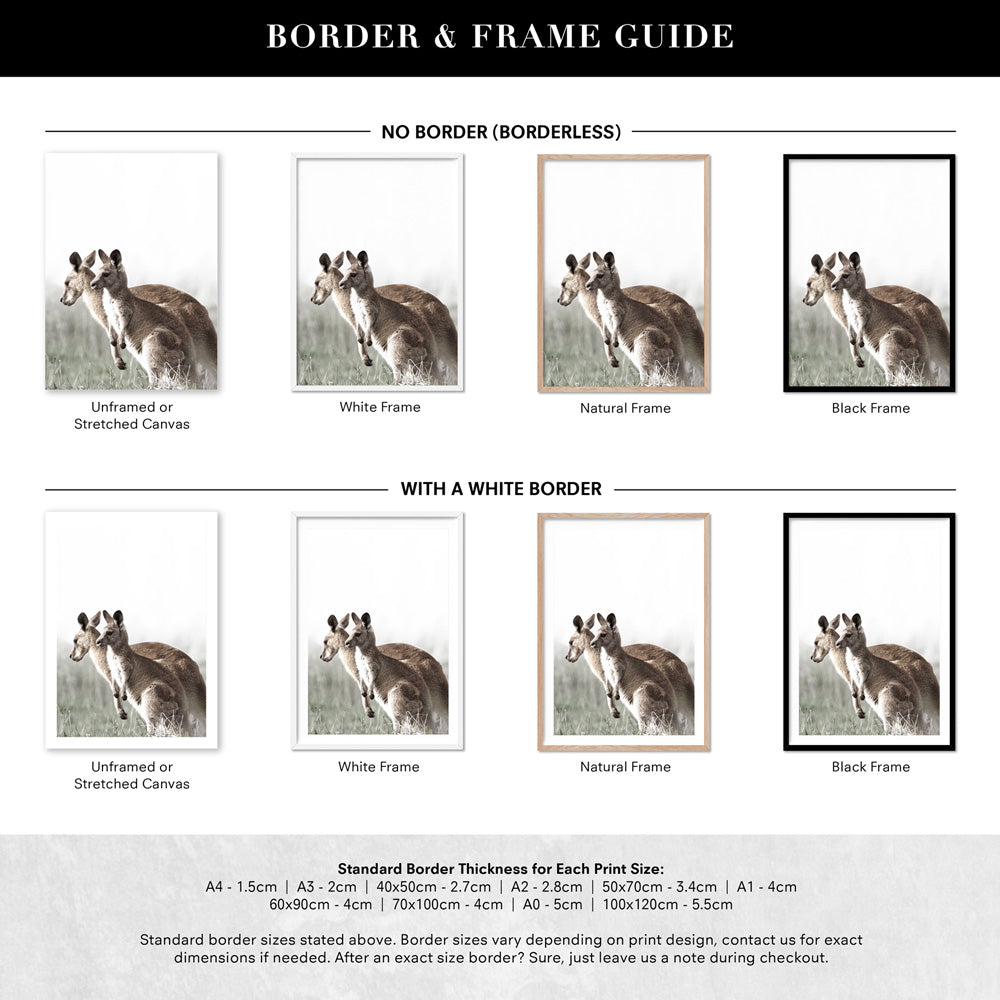Kangaroo Mother and Baby Joey - Art Print, Poster, Stretched Canvas or Framed Wall Art, Showing White , Black, Natural Frame Colours, No Frame (Unframed) or Stretched Canvas, and With or Without White Borders