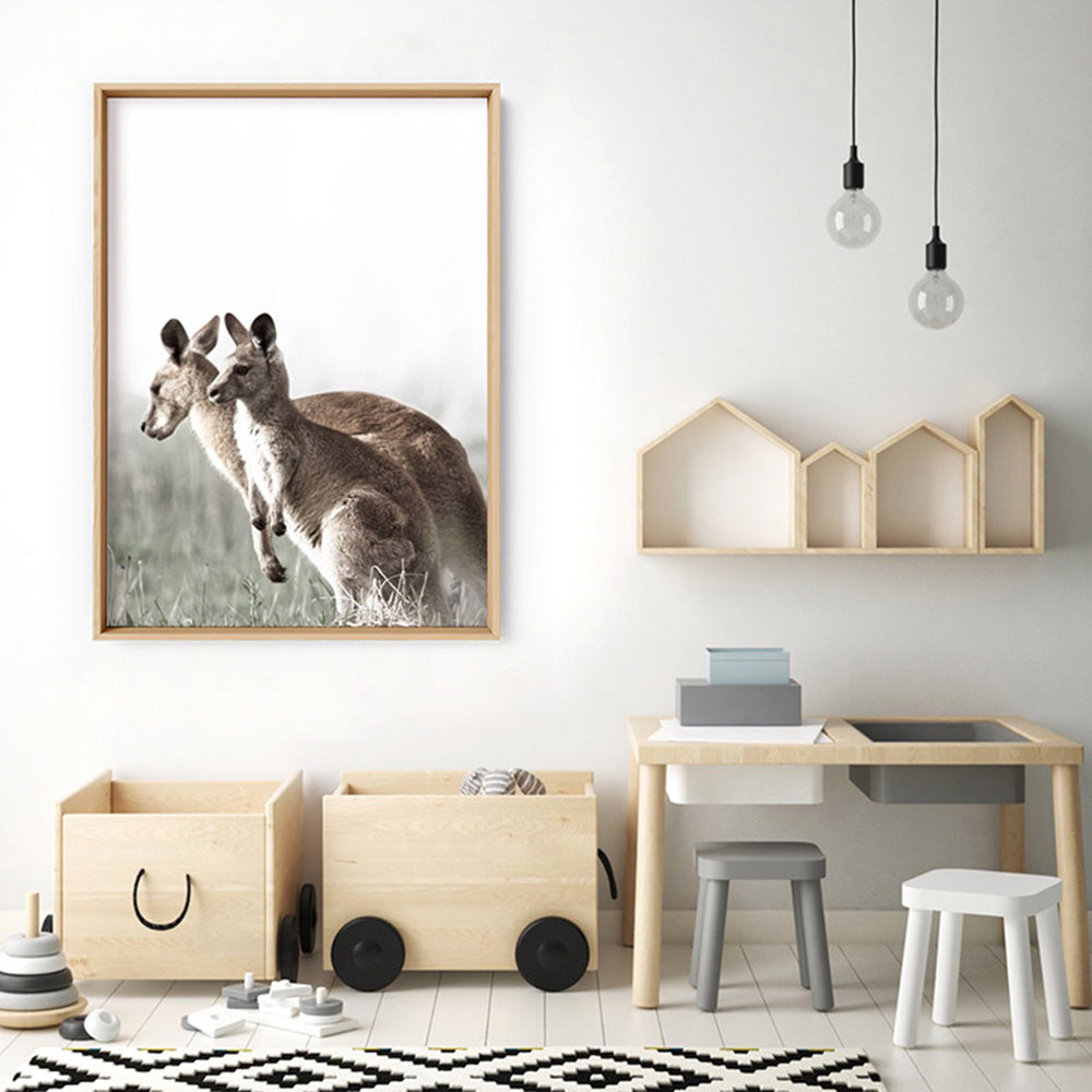 Kangaroo Mother and Baby Joey - Art Print, Poster, Stretched Canvas or Framed Wall Art Prints, shown framed in a room