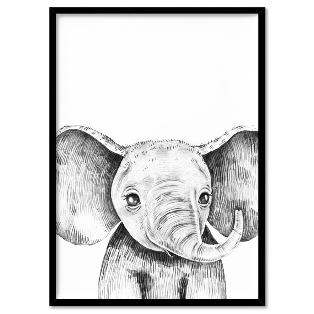 Elephant Baby Peek a Boo Animal - Art Print, Poster, Stretched Canvas, or Framed Wall Art Print, shown in a black frame