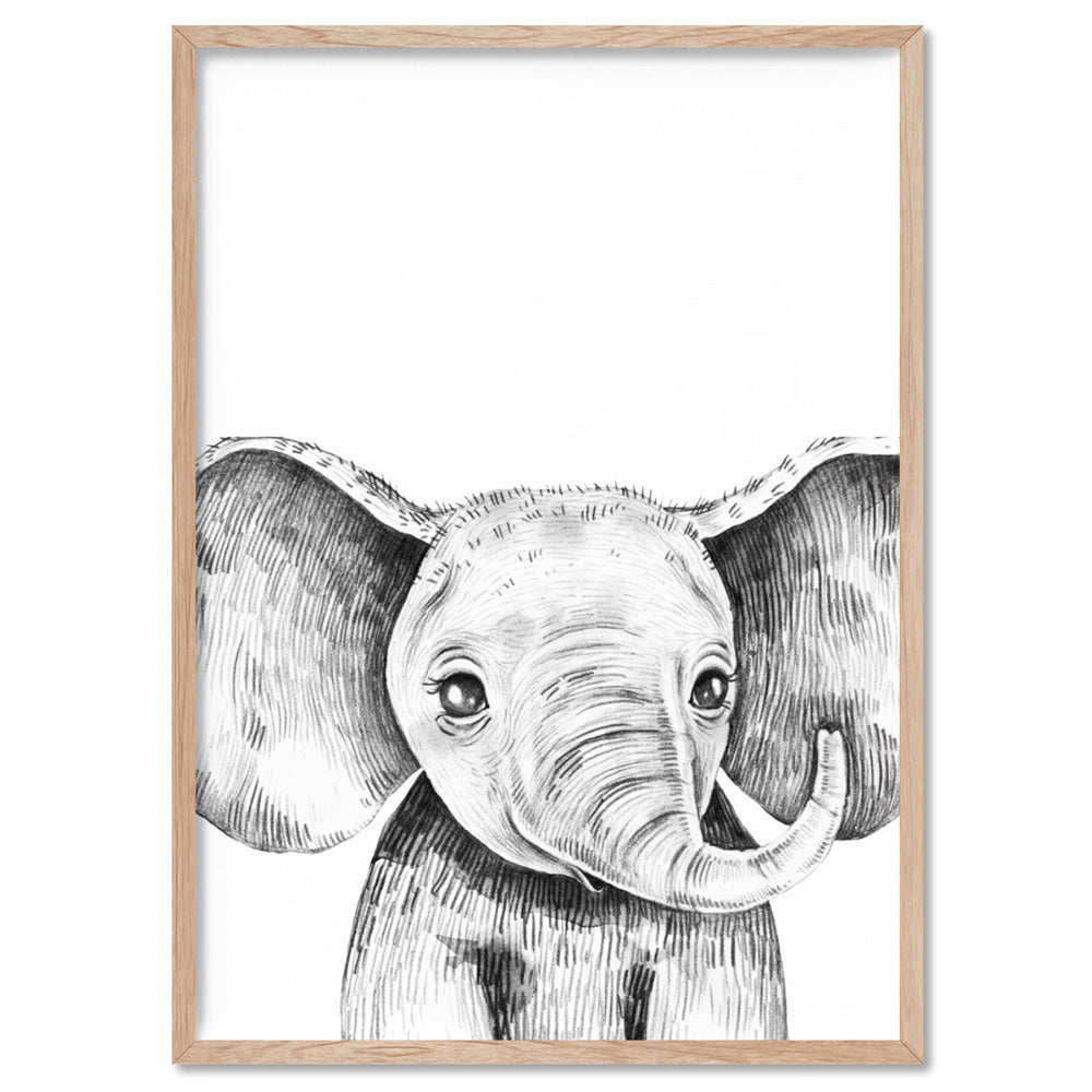 Elephant Baby Peek a Boo Animal - Art Print, Poster, Stretched Canvas, or Framed Wall Art Print, shown in a natural timber frame
