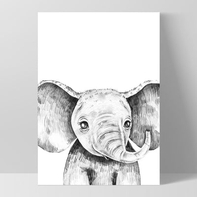 Elephant Baby Peek a Boo Animal - Art Print, Poster, Stretched Canvas, or Framed Wall Art Print, shown as a stretched canvas or poster without a frame