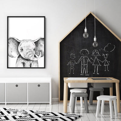 Elephant Baby Peek a Boo Animal - Art Print, Poster, Stretched Canvas or Framed Wall Art Prints, shown framed in a room