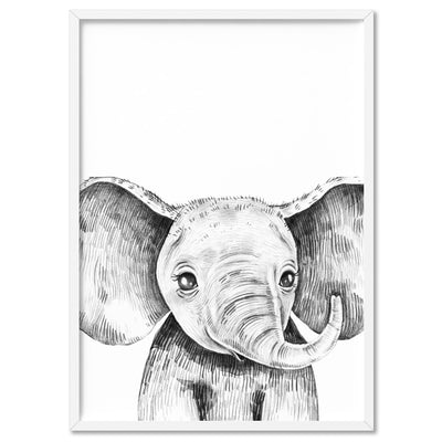 Elephant Baby Peek a Boo Animal - Art Print, Poster, Stretched Canvas, or Framed Wall Art Print, shown in a white frame