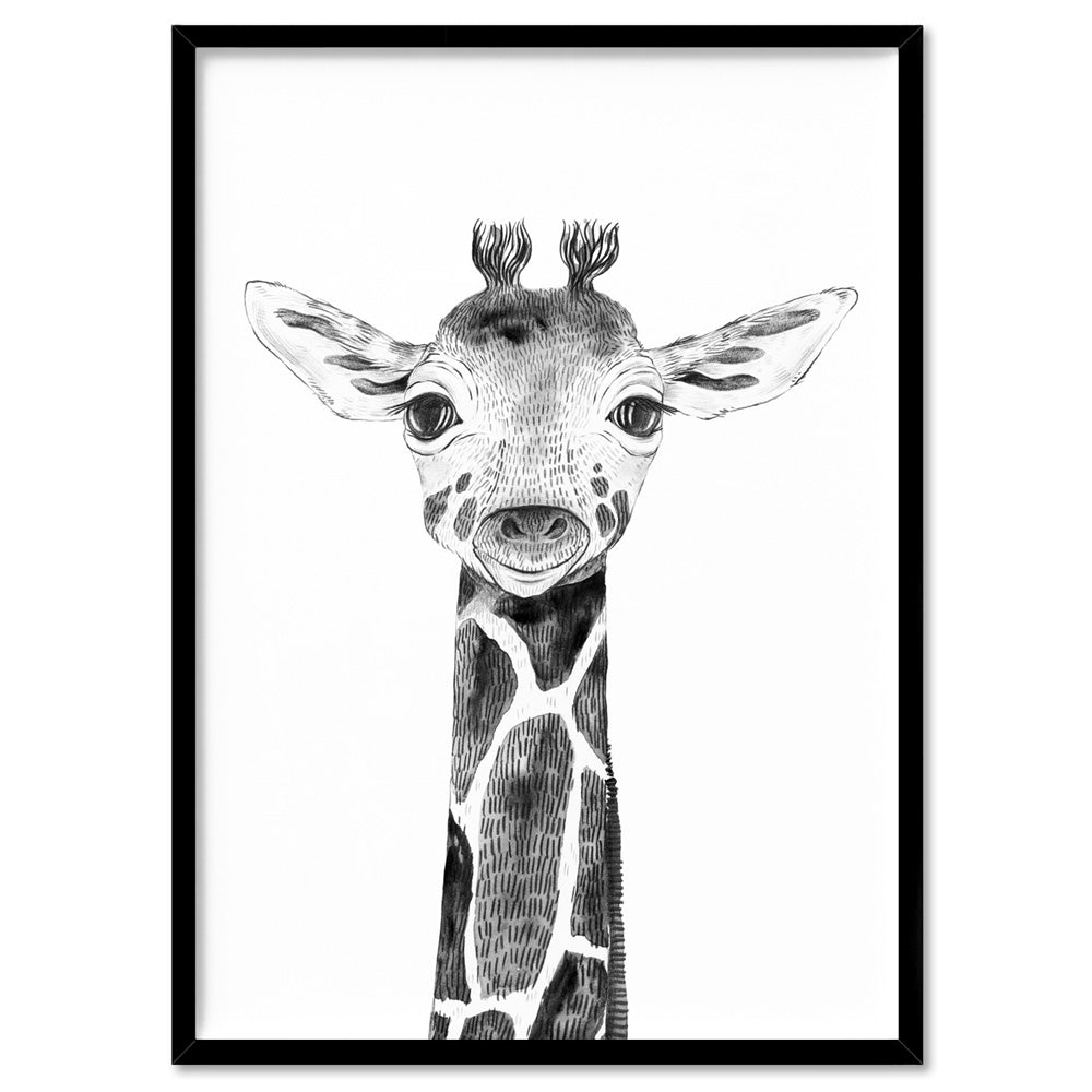 Giraffe Baby Peek a Boo Animal - Art Print, Poster, Stretched Canvas, or Framed Wall Art Print, shown in a black frame