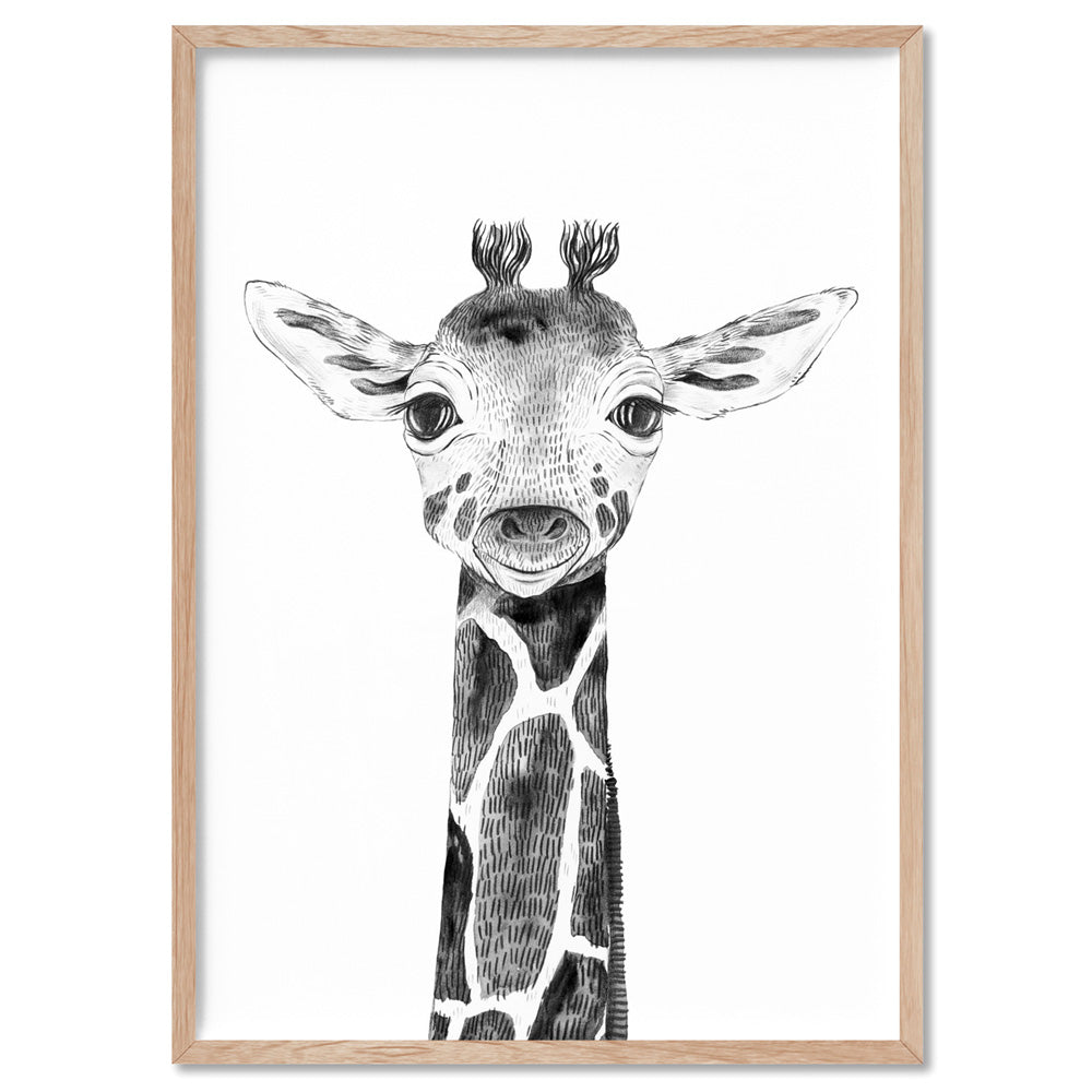 Giraffe Baby Peek a Boo Animal - Art Print, Poster, Stretched Canvas, or Framed Wall Art Print, shown in a natural timber frame