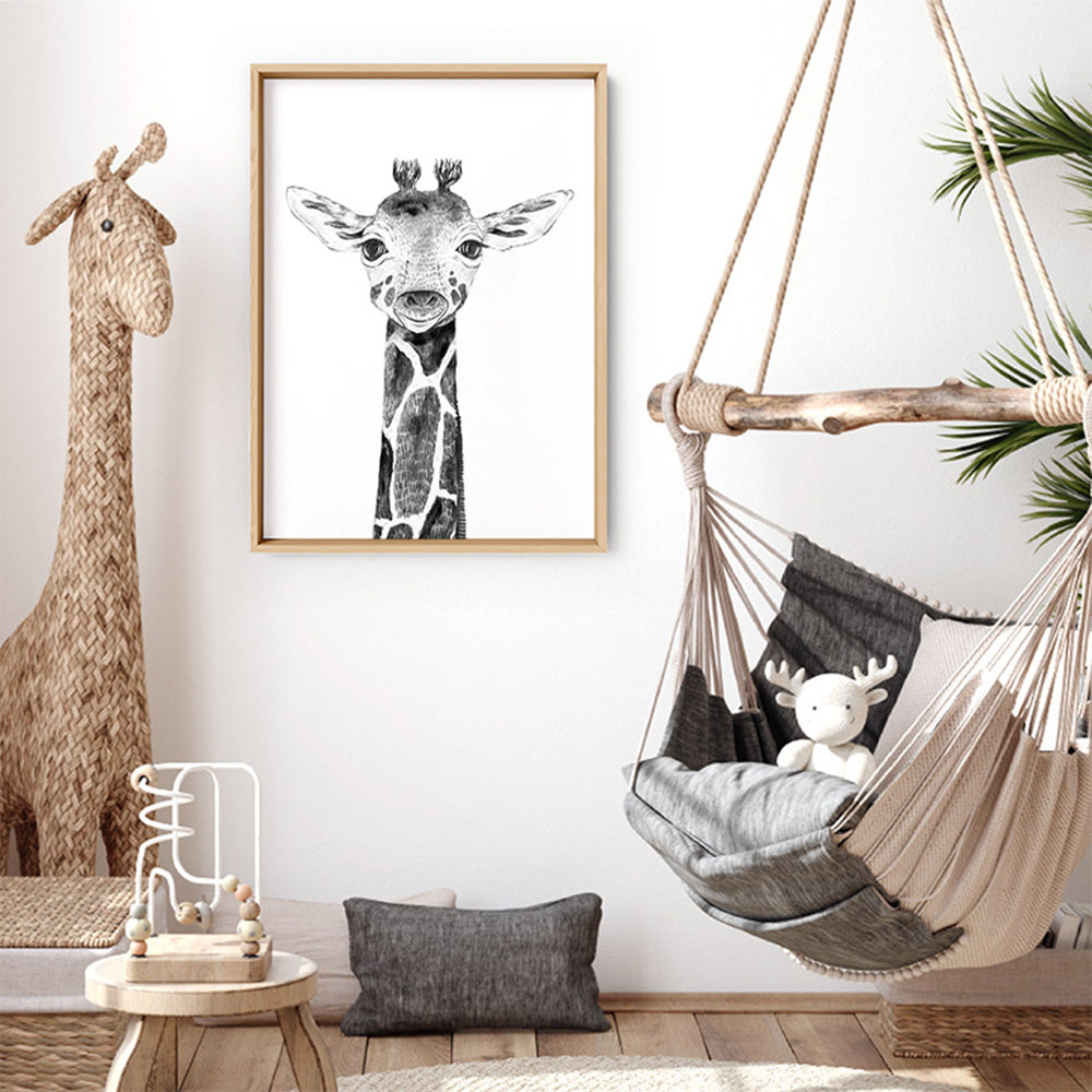 Giraffe Baby Peek a Boo Animal - Art Print, Poster, Stretched Canvas or Framed Wall Art Prints, shown framed in a room