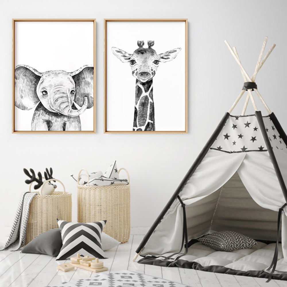 Giraffe Baby Peek a Boo Animal - Art Print, Poster, Stretched Canvas or Framed Wall Art, shown framed in a home interior space