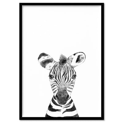 Zebra Baby Peek a Boo Animal - Art Print, Poster, Stretched Canvas, or Framed Wall Art Print, shown in a black frame