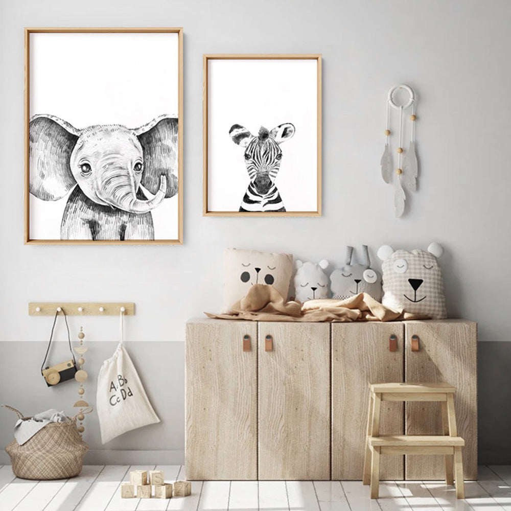 Zebra Baby Peek a Boo Animal - Art Print, Poster, Stretched Canvas or Framed Wall Art, shown framed in a home interior space