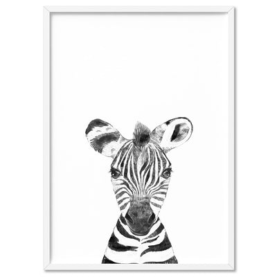 Zebra Baby Peek a Boo Animal - Art Print, Poster, Stretched Canvas, or Framed Wall Art Print, shown in a white frame