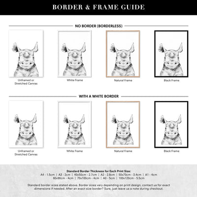 Rhino Baby Peek a Boo Animal - Art Print, Poster, Stretched Canvas or Framed Wall Art, Showing White , Black, Natural Frame Colours, No Frame (Unframed) or Stretched Canvas, and With or Without White Borders