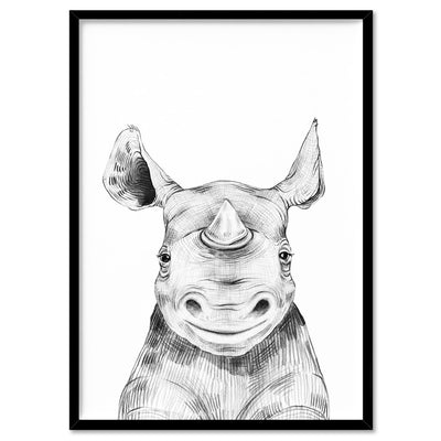 Rhino Baby Peek a Boo Animal - Art Print, Poster, Stretched Canvas, or Framed Wall Art Print, shown in a black frame