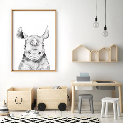 Rhino Baby Peek a Boo Animal - Art Print, Poster, Stretched Canvas or Framed Wall Art Prints, shown framed in a room