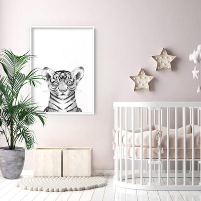 Tiger Baby Peek a Boo Animal - Art Print, Poster, Stretched Canvas or Framed Wall Art Prints, shown framed in a room