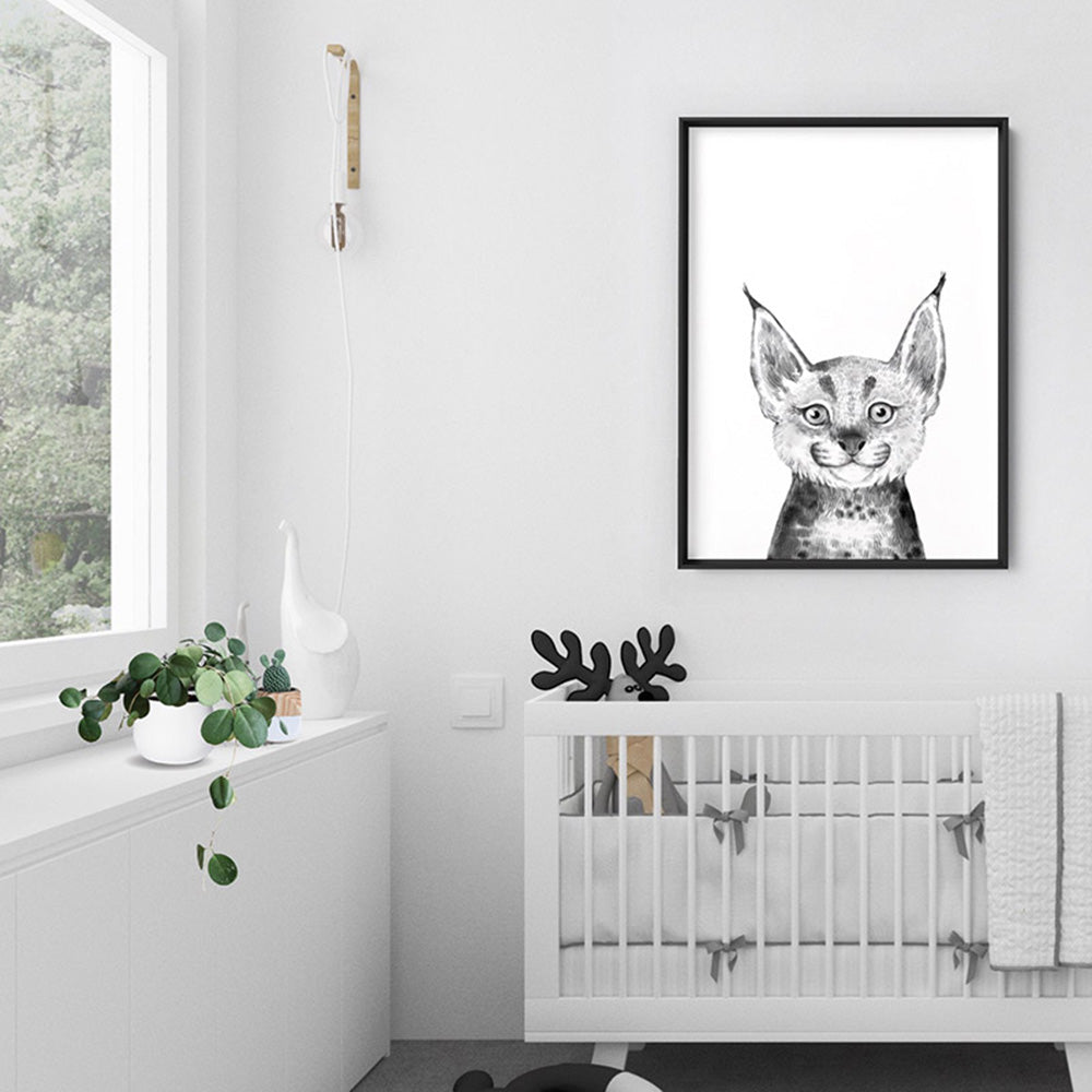 Bobcat Baby Peek a Boo Animal - Art Print, Poster, Stretched Canvas or Framed Wall Art Prints, shown framed in a room
