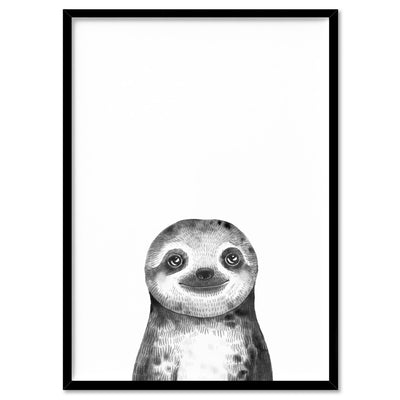 Sloth Baby Peek a Boo Animal - Art Print, Poster, Stretched Canvas, or Framed Wall Art Print, shown in a black frame