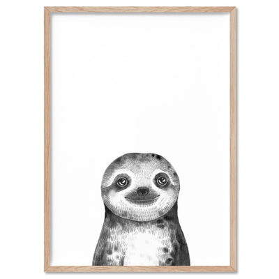 Sloth Baby Peek a Boo Animal - Art Print, Poster, Stretched Canvas, or Framed Wall Art Print, shown in a natural timber frame