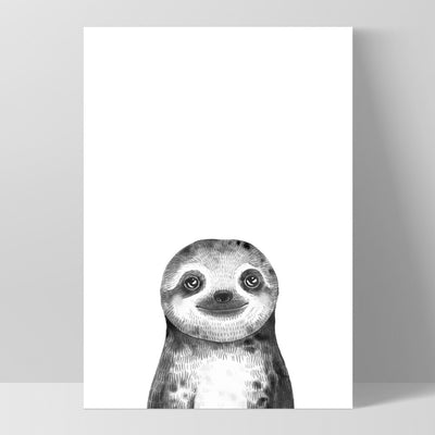 Sloth Baby Peek a Boo Animal - Art Print, Poster, Stretched Canvas, or Framed Wall Art Print, shown as a stretched canvas or poster without a frame