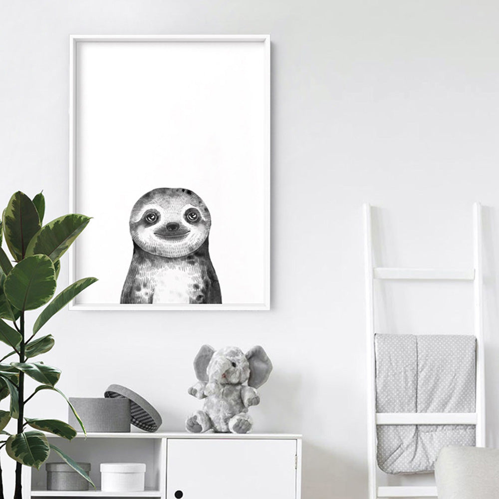 Sloth Baby Peek a Boo Animal - Art Print, Poster, Stretched Canvas or Framed Wall Art Prints, shown framed in a room