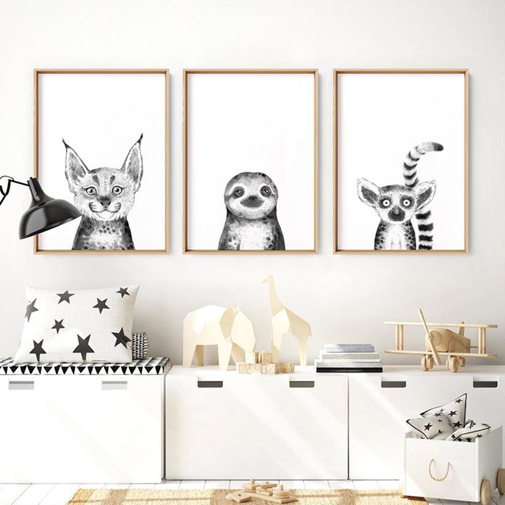 Sloth Baby Peek a Boo Animal - Art Print, Poster, Stretched Canvas or Framed Wall Art, shown framed in a home interior space